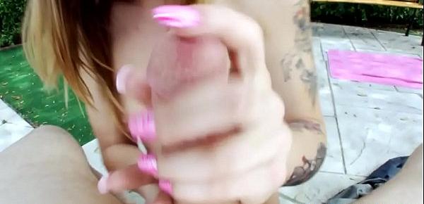  Inked teen wanks cock and gets jizzed on tits